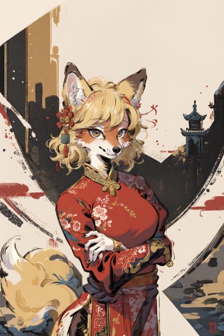 00878-63627209-masterpiece,highres,furry fox girl,solo,blonde,chinese dress, hair ornament, anicent china_looking at viewer, _.png